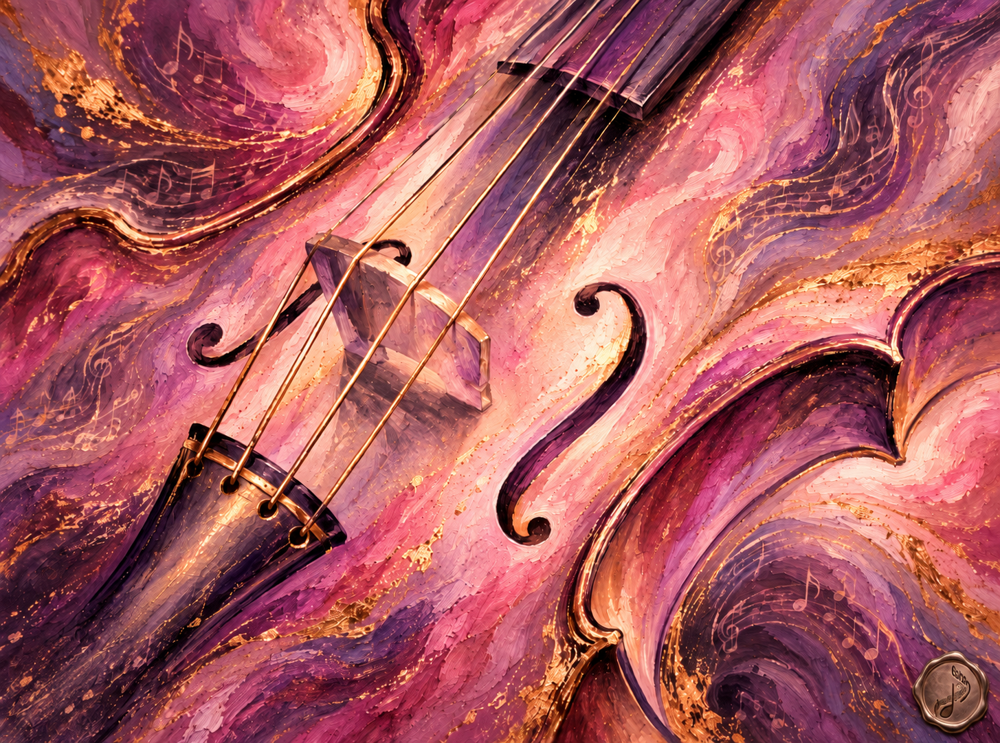 Strings of the Soul — a violin amid swirling violet, rose, and gilded musical notes
