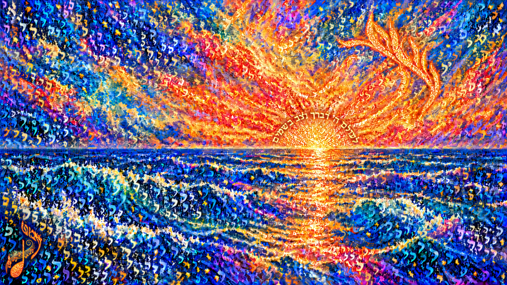 Letters of Infinity — radiant Hebrew letters swirl across a glowing ocean sunset in blue, gold and flame